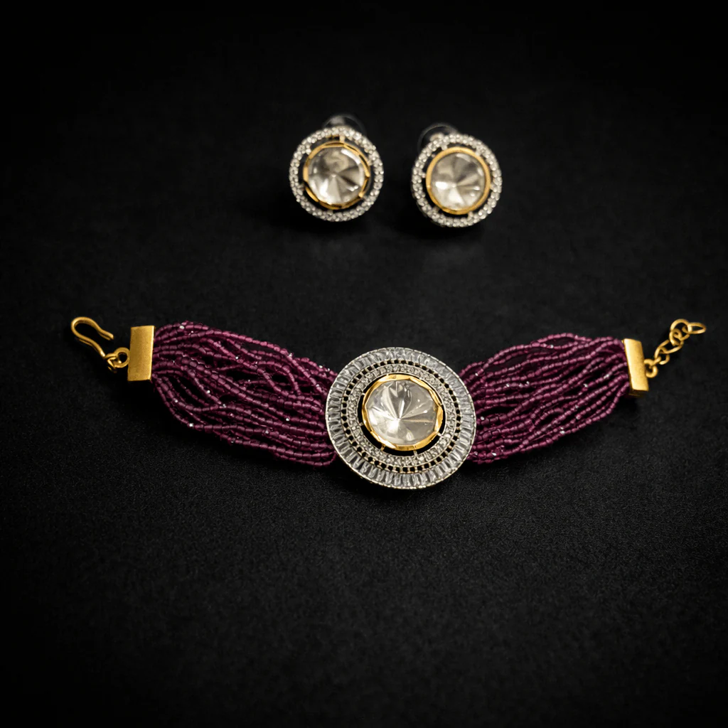 Shipra Polki Kundan Combo: Elegant Bracelet & Earrings Set - Image 3