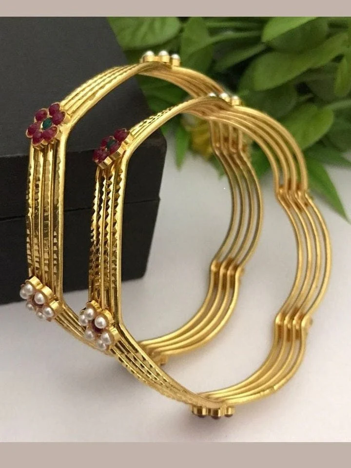 Darani Bangles - Elegant Gold Polish with Pearl & Red Stone - Image 3