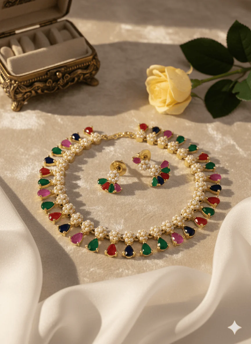 Royal Real Pearl Ruby Green CZ Gold Plated Necklace Set - Image 3