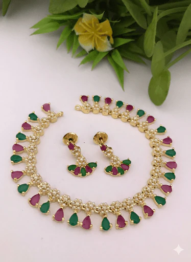 Royal Real Pearl Ruby Green CZ Gold Plated Necklace Set - Image 4