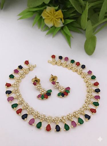 Royal Real Pearl Ruby Green CZ Gold Plated Necklace Set - Image 5