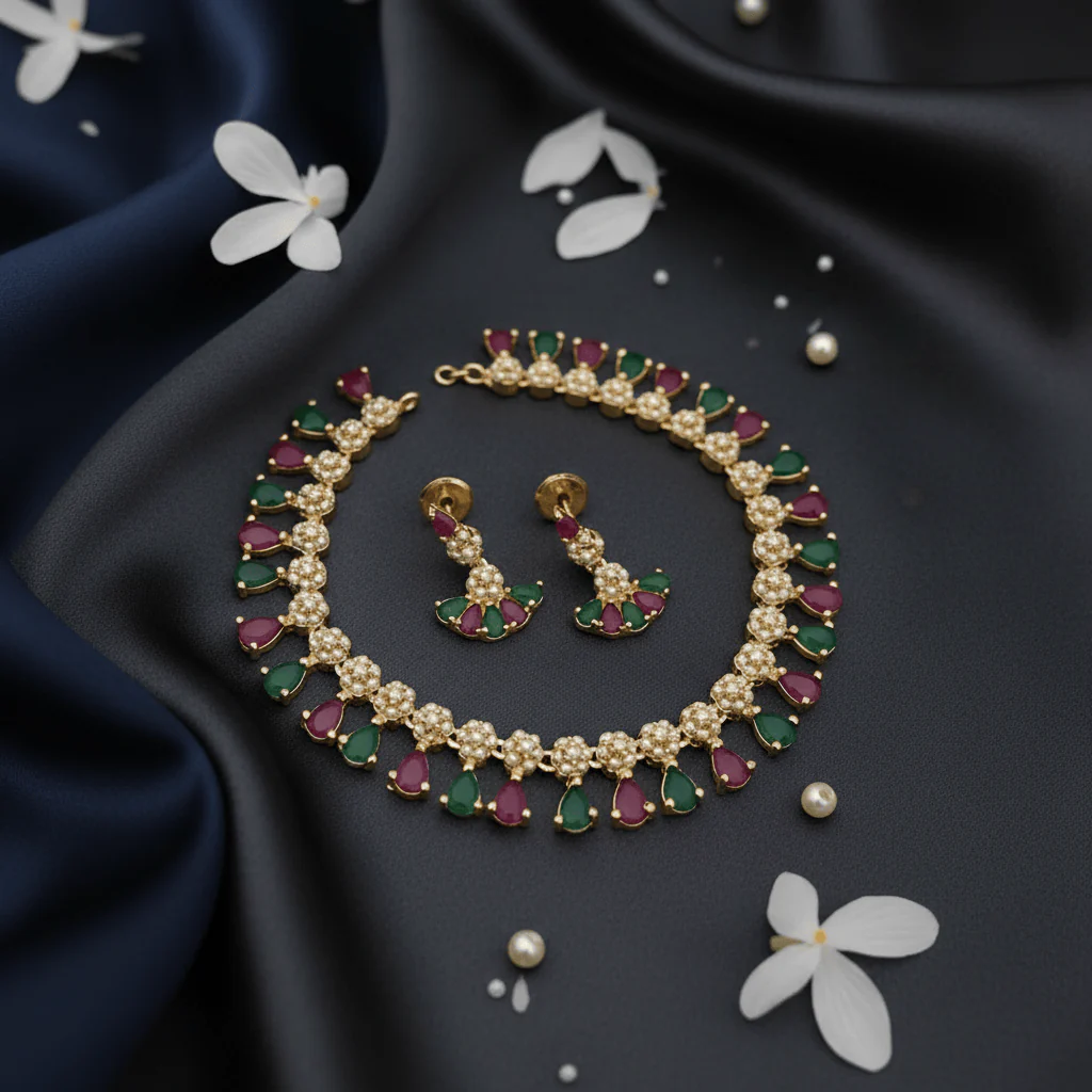 Royal Real Pearl Ruby Green CZ Gold Plated Necklace Set - Image 6