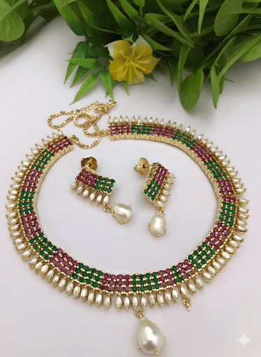 Shreevika Real Pearl Cz Necklace Set - Image 3